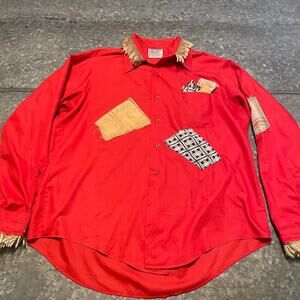 Vintage Handmade Scarecrow Button Up Shirt Large Straw Fall Harvest Patches Red